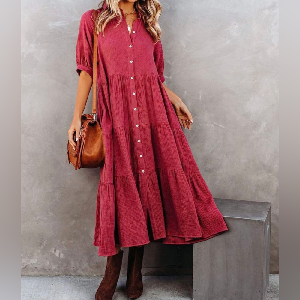 R.Vivimos Women's Red Cotton Button Down Midi/Maxi Dress